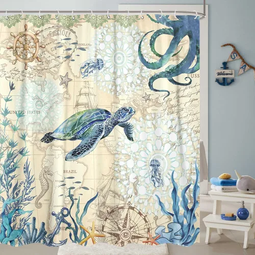 Miniatura 19 de Aipon Cortina de ducha verde de mediados de siglo para baño, cortina de ducha abstracta de estilo bohemio, de tela moderna, impermeable, para baño