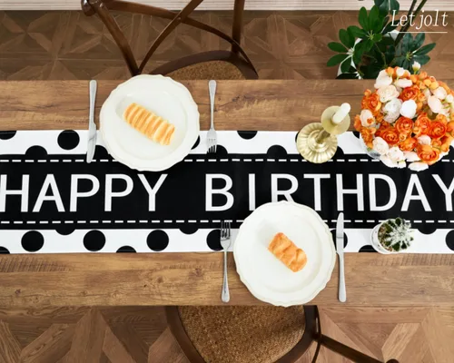 Miniatura 2 de Letjolt - Camino de mesa de feliz cumpleaños, 72 pulgadas, punto negro Tela similar al lino, carteles de fiesta de cumpleaños, decoraciones de mesa