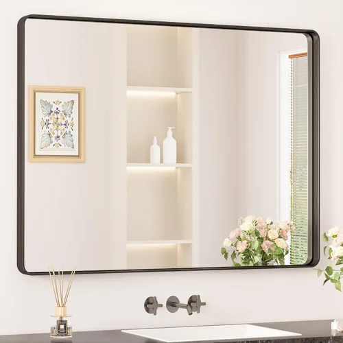 Miniatura 55 de Keonjinn Espejos de baño negros para sobre el fregadero, espejos cuadrados grandes de 36 x 36 pulgadas para pared, espejo rectangular redondeado