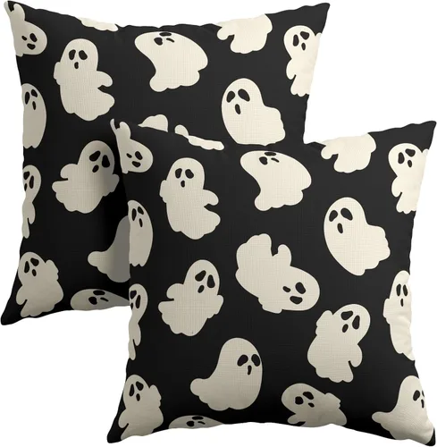 Miniatura 21 de Happy Halloween - Juego de 2 fundas de almohada decorativas de lino y algodón negro con diseño de murciélago blanco de 16 x 16 pulgadas, fundas