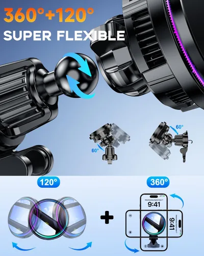 Miniatura 9 de Para Qi2 Cargador de Montaje de Coche MagSafe de 15W con Luz RGB, Soporte Magnético Inalámbrico de Enfriamiento por Hielo para Teléfono, Carga
