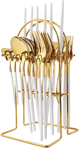 Miniatura 11 de Juego de cubiertos básicos de 24 piezas con un soporte para cubiertos, acero inoxidable 18/0 acabado espejo, cuchillo, tenedor, cucharilla, juego