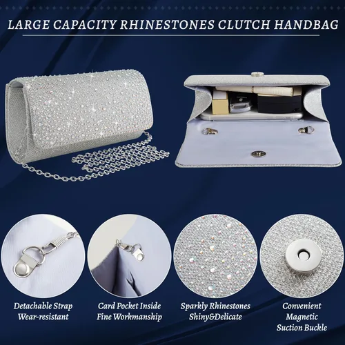 Miniatura 3 de Juego de 4 piezas de plata para mujer, bolso de mano brillante con diamantes de imitación, bolso de mano para regalo de fiesta de boda, plateado