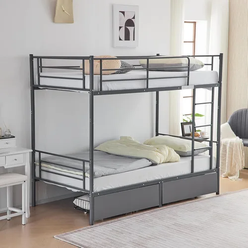 Miniatura 15 de Karl home - Litera de tamaño individual sobre individual en negro con 2 cajones de almacenamiento, litera de metal con escalera incorporada