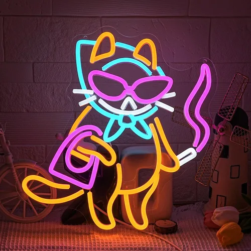 Letrero de neón de gato para decoración de pared, arte de pared de luz de neón de gato genial con interruptor regulable, letrero luminoso LED Cool