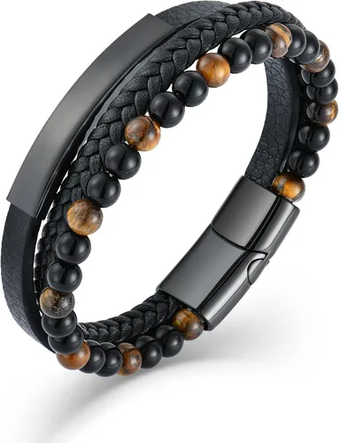 Raymard Pulsera de cuentas de piedra volcánica de piedra volcánica de ónix negro y ojo de tigre mate para hombre, pulsera de cuero trenzado negro