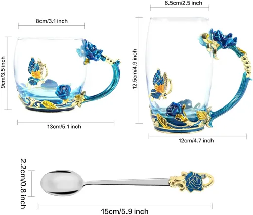 Miniatura 2 de 1 juego de taza de café de té con cuchara, hecha a mano, esmalte de flores de mariposa para mujeres y hombres, Día del Padre, Día de la Madre, Día