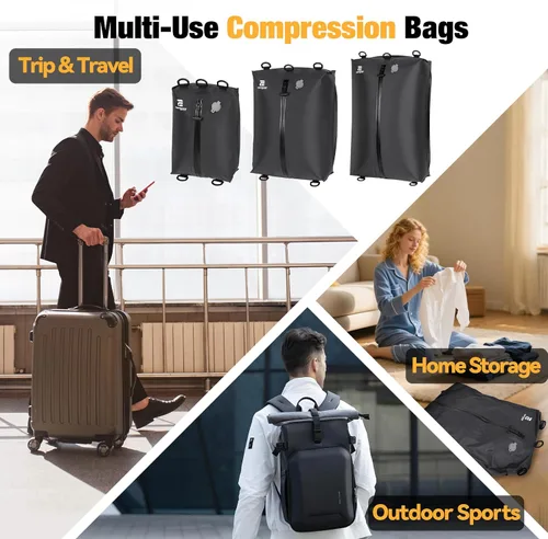Miniatura 8 de Bolsas de vacío para viajes con bomba, juego de 3 tamaños, bolsas de compresión al vacío reutilizables para equipaje, ahorro de espacio IP67, cubos
