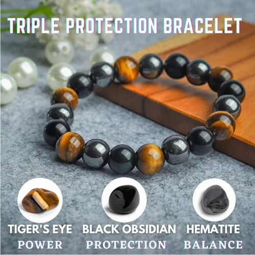 Miniatura 2 de Crystal Vibe Triple Protection Bracelet - 10mm Bead Bracelet for women men With Natural Stones of Tiger Eye Hematite and Black Obsidian - Healing