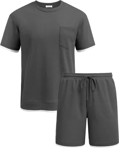 Miniatura 35 de COOFANDY Conjunto de camisa y pantalones cortos de gofre para hombre, conjunto de 2 piezas, conjunto casual de verano con bolsillos