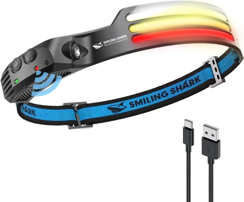 Smiling Shark Linterna frontal LED, gran angular de 230°, 3 tiras de luz multicolor, la lámpara principal más brillante recargable con sensor de