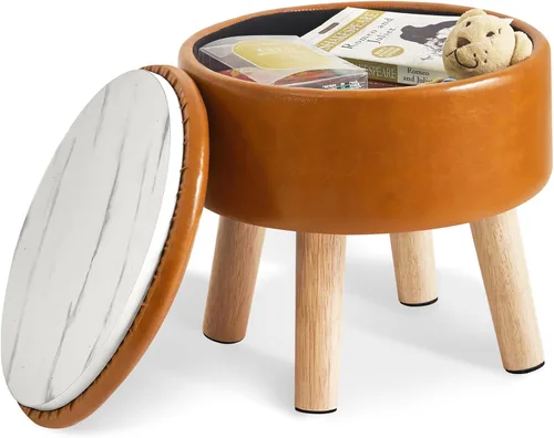 Miniatura 12 de IBUYKE Taburete otomano de 13 pulgadas con almacenamiento, reposapiés pequeño redondo con asiento acolchado y patas de madera, mini reposapiés