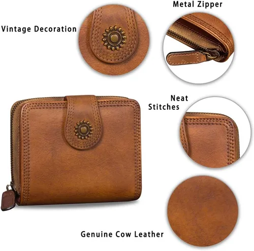 Miniatura 6 de Billeteras de cuero plegables para mujer, estilo vintage, hechas a mano, pequeño, con cremallera, Marrón, Billetera plegable