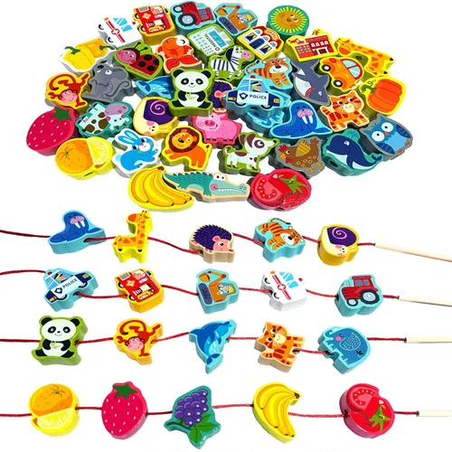 Montessori - Cuentas de madera con cordones para niños, 42 piezas de actividades preescolares para automóvil, animales, verduras, cuentas, juguetes,