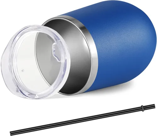 Miniatura 7 de VEGOND Vasos de Vino Paquete de 12, Vaso de Vino sin Tallo de Acero Inoxidable de 12 onzas con Tapas y Pajitas, Vaso Tumbler de Doble Pared con Azul