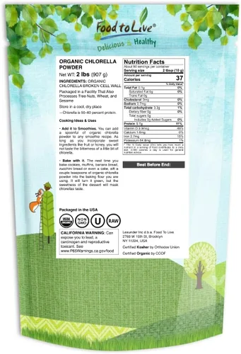 Miniatura 2 de Food to Live - Polvo orgánico de clorella, 2 libras, sin OMG, Kosher, algas verdes crudas, superalimento vegano, a granel, proteína verde vegana