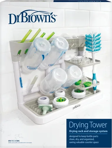 Miniatura 16 de Dr. Brown's Torre de secado de biberones, estante de secado alto, organizador de fregadero azul/blanco para biberones y piezas con dos soportes