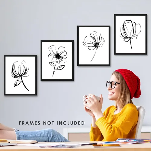 Miniatura 5 de Arte de pared de flores blancas y negras sin marco, 8 x 10 pulgadas, póster floral de dibujo simple para dormitorio, decoración de oficina en casa