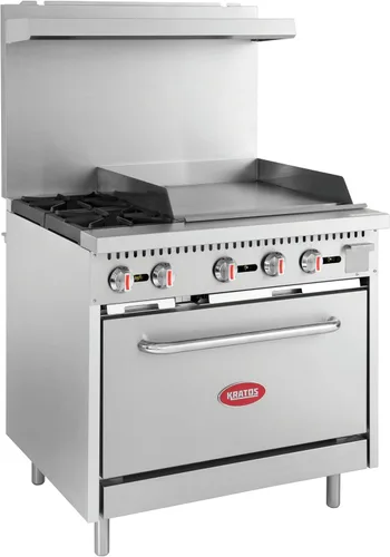 Kratos Estufa de Gas Comercial de 36" de Ancho con Plancha de 24", 2 Quemadores y Horno de Tamaño Completo, Estufa de Acero Inoxidable para
