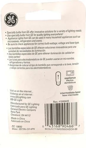 Miniatura 2 de GE 10692 - Bombilla de repuesto para horno microondas y electrodomésticos, 25 vatios, base T7, E17, paquete de 6