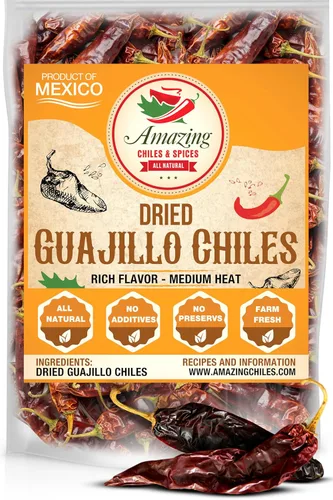 Guajillo Chiles Secos Enteros 4 oz – Natural y Premium. Ideal para recetas mexicanas como mole, tamales, salsa, carnes. Calor suave a medio, sabor