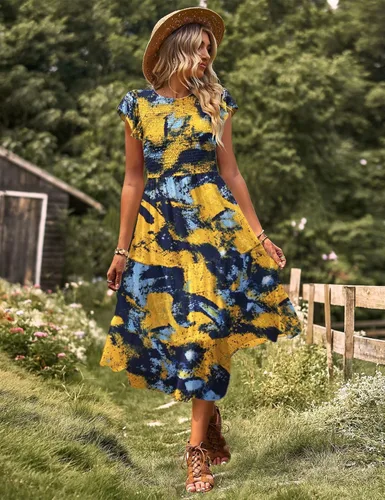 Miniatura 2 de YESNO Vestidos de verano para mujer, con volantes, manga casquillo, vestido casual bohemio con corpiño fruncido con bolsillos, E05