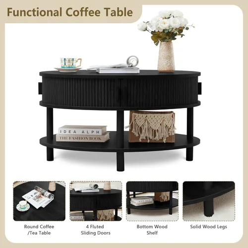 Miniatura 3 de XUZENEST - Mesa de café redonda de 31.5" con almacenamiento, mesa de café de 2 niveles de mediados de siglo moderna con puerta deslizante de tambor