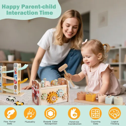 Miniatura 12 de Juguetes de madera Montessori para niños pequeños de 1 a 3 años, juguete de martillado y golpeo para bebés con xilófono y juego de pesca, pista
