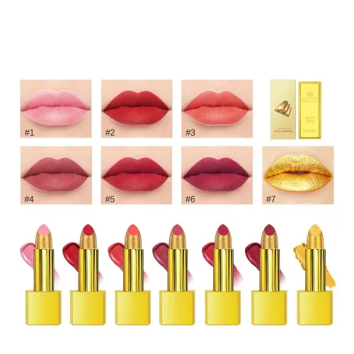 Miniatura 2 de Lápiz labial dorado, terciopelo nude, rojo y rosa, no se mancha, de alto pigmento, no se decolora, suave, de larga duración, taza antiadherente, #1