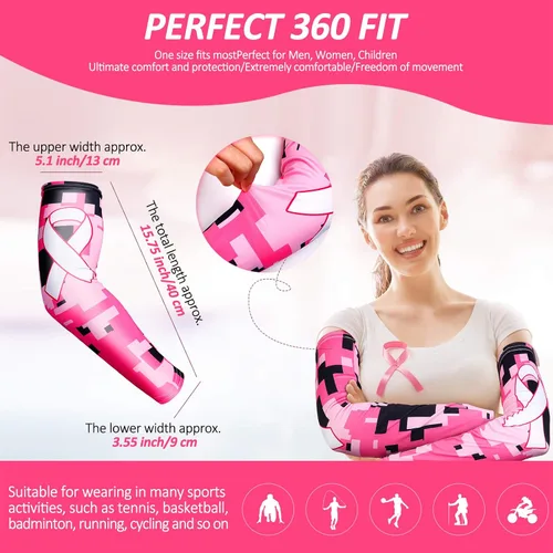 Miniatura 2 de Geyoga 4 pares de mangas de concientización sobre el cáncer de mama, mangas de compresión de enfriamiento con cinta rosa, protección UV