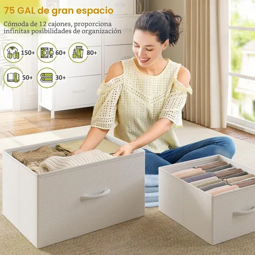 Miniatura 6 de EnHomee Cómoda blanca para dormitorio con luces LED y 12 cajones con 4 estantes abiertos, cómoda de tela y cómoda, marco de metal, 45.2 pulgadas