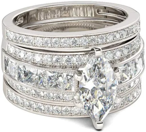 Miniatura 9 de Jeulia Juego de anillos de boda de 2 quilates de 3 piezas para mujer, anillos de compromiso de circonita cúbica de corte marquesa de plata de ley
