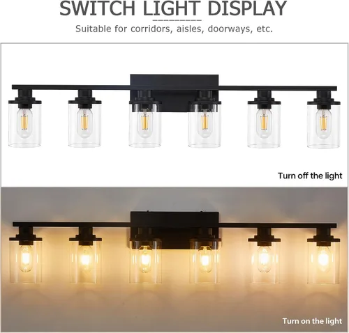 Miniatura 5 de 6 Luces de Tocador de Baño de Negro Mate con Vidrio Transparente y Base de Metal, Luces de Tocador Negras para Baño Sobre Espejo