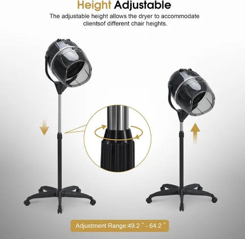 Miniatura 7 de BarberPub Secador de pelo con capucha de 1300 W con soporte, base rodante de pie ajustable en altura, equipo de salón de belleza con rotación