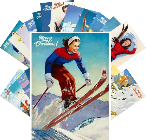 PIXILUV Postales vintage (24 piezas 4"x6" cada una) Personas esquiando en montañas nevadas en Navidad Postales vintage de Navidad Tarjeta de