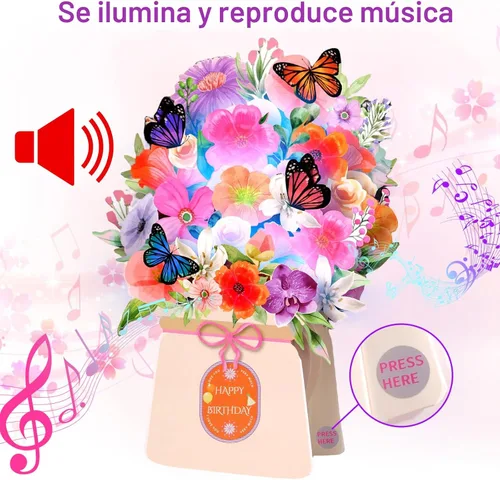 Miniatura 2 de Yinqing Tarjetas de cumpleaños, tarjeta de feliz cumpleaños ligera y música, lirio y mariposas, ramo de flores de tamaño natural de 10 pulgadas