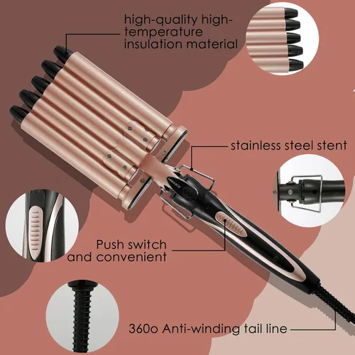 Miniatura 3 de Crimpadoras y onduladoras de cabello de 5 barriles, de calor rápido, varita portátil de 0.591 in para cabello largo, rizador ondulado de temperatura