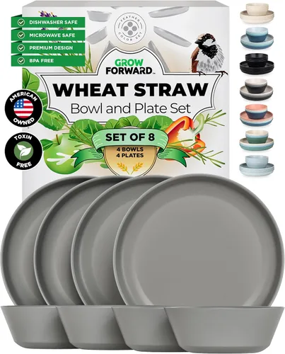 Grow Forward Juego de platos y cuencos de paja de trigo de alta calidad, 8 piezas, platos de paja de trigo irrompibles y reutilizables, aptos para