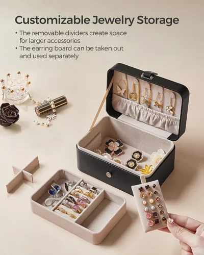 Miniatura 44 de SONGMICS Caja organizadora de joyas, estuche de viaje de 2 capas para aretes, collares, pulseras, almacenamiento portátil de joyas con gran Verde