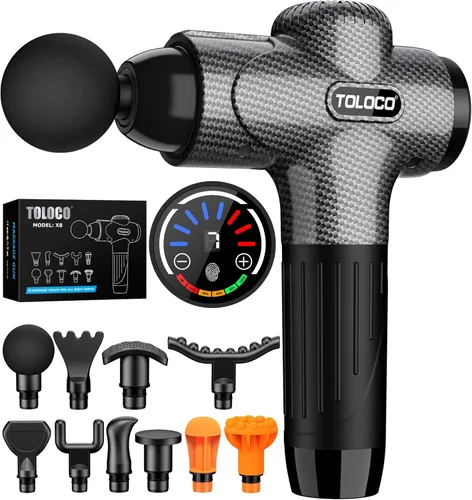 Miniatura 8 de TOLOCO Pistola de masaje de tejido profundo, pistola de masaje de percusión con 10 cabezales de repuesto, masajeador eléctrico portátil super Negro