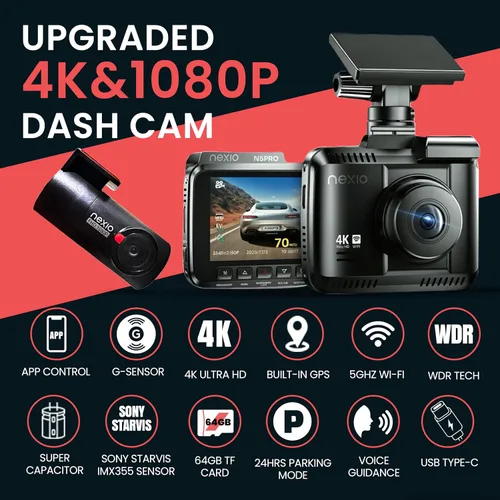 Miniatura 2 de NEXIO N5Pro 4K Dual Dash Cam frontal y trasera, transferencia rápida WiFi 6, tarjeta gratuita de 64 GB, GPS, alertas de seguridad ADAS, visión