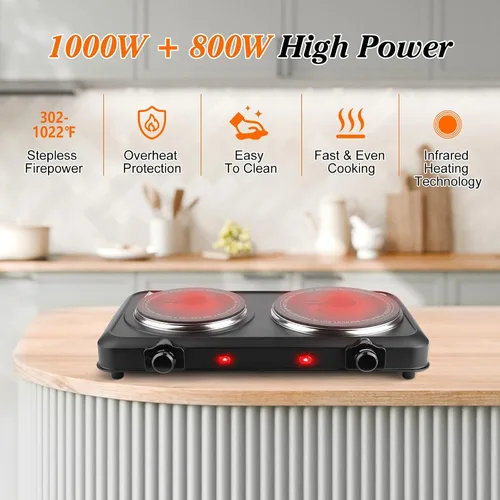 Miniatura 2 de Estufa eléctrica de 1800 W, quemador infrarrojo portátil, doble quemador eléctrico con ajustes de temperatura continuos, encimera doble estufa