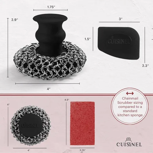 Miniatura 4 de Cuisinel Limpiador de Malla de Hierro Fundido + Raspador de Sartén - Limpiador Ergonómico de Lujo de Acero Inoxidable y Silicona para Ollas y Malla