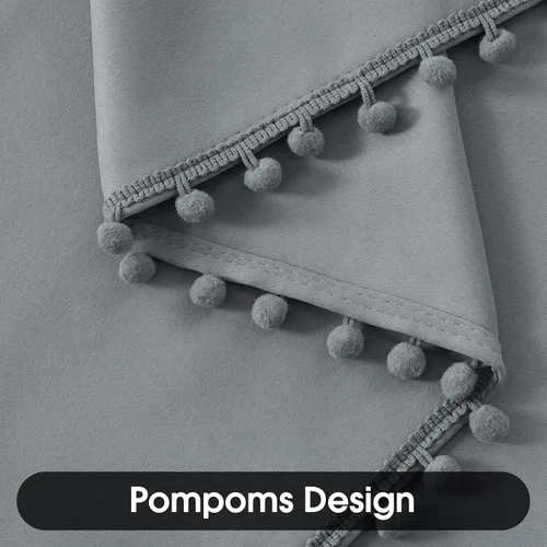 Miniatura 3 de HOMEIDEAS Cortinas opacas con pompones grises de 52 x 63 pulgadas de largo, con ojales, para oscurecer la habitación, 2 paneles para dormitorio