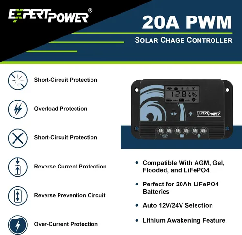 Miniatura 2 de ExpertPower Kit de energía solar de 100 W y 12 V Panel rígido mono de 100 vatios + batería de gel de 12 V 21 Ah + controlador de carga solar de 20