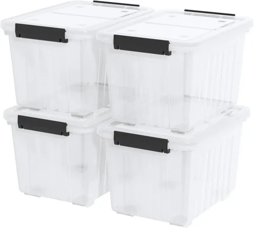 Miniatura 10 de Paquete de 4 cajas de plástico de 20 L, contenedores de almacenamiento transparentes con tapas/asas