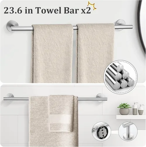 Miniatura 2 de TURS Juego de 10 piezas de accesorios de baño de níquel cepillado, juego de barra de toalla de baño de acero inoxidable SUS304 de 61 cm, kit