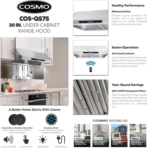 Miniatura 5 de COSMO COS-QS75 Campana extractora bajo gabinete de 30 pulgadas, colección Haven, 500 CFM, canalizada, controles táctiles, luces LED, acero inoxidable