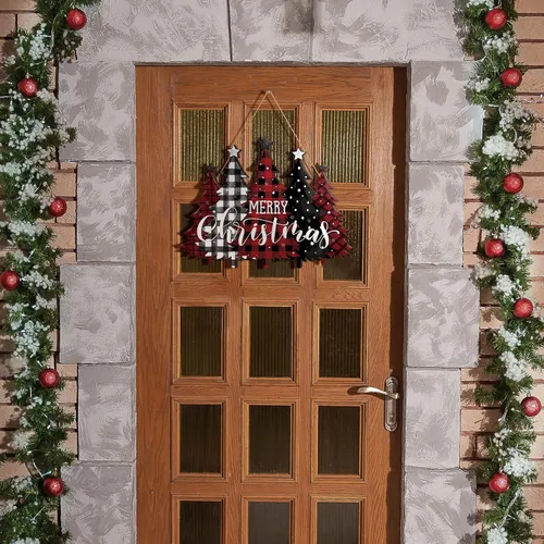 Miniatura 6 de BBTO Letrero de puerta con texto en inglés "Merry Christmas", diseño de búfalo a cuadros, árbol de Navidad, decoración de árbol de Navidad