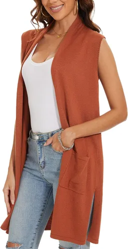 Miniatura 3 de INKOFF Chaleco de punto largo para mujer, sin mangas, con bolsillos, frente abierto, drapeado, chaleco casual
